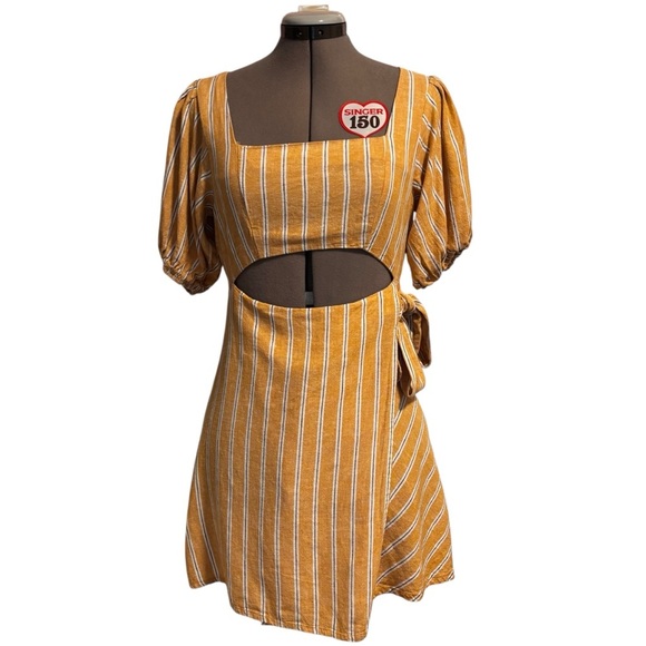 Zara Linen Blend Cutout Puff Sleeve Dress – Mustard Stripe, Size M - Picture 1 of 12